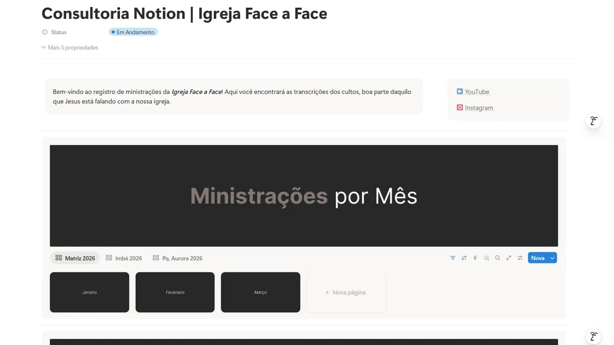 Painel da Igreja Face a Face no Notion, com registro de ministrações organizadas por mês.