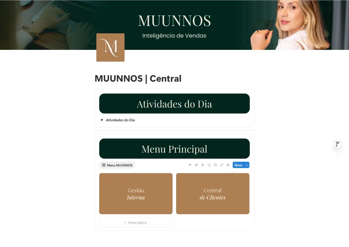 Hub de gestão interna da MUUNNOS no Notion, com central de atividades e menu principal.